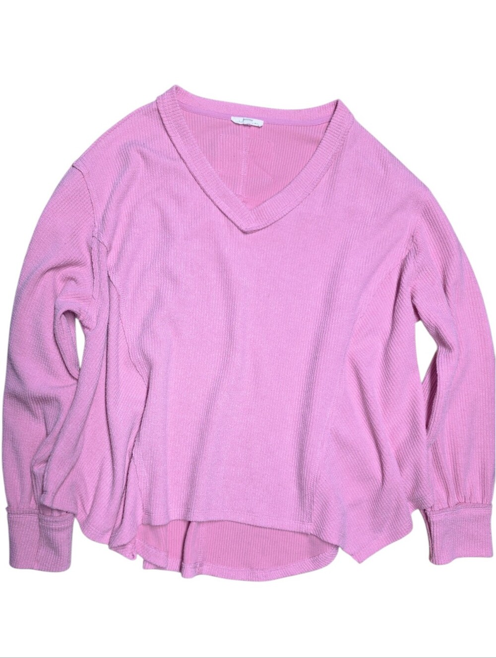 Pink Ribbed V-Neck Long Sleeve Top